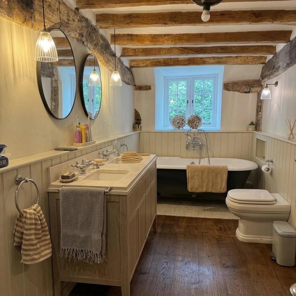 Completed Paines & Gray bathroom with oak double vanity, roll-top bath and wood floor