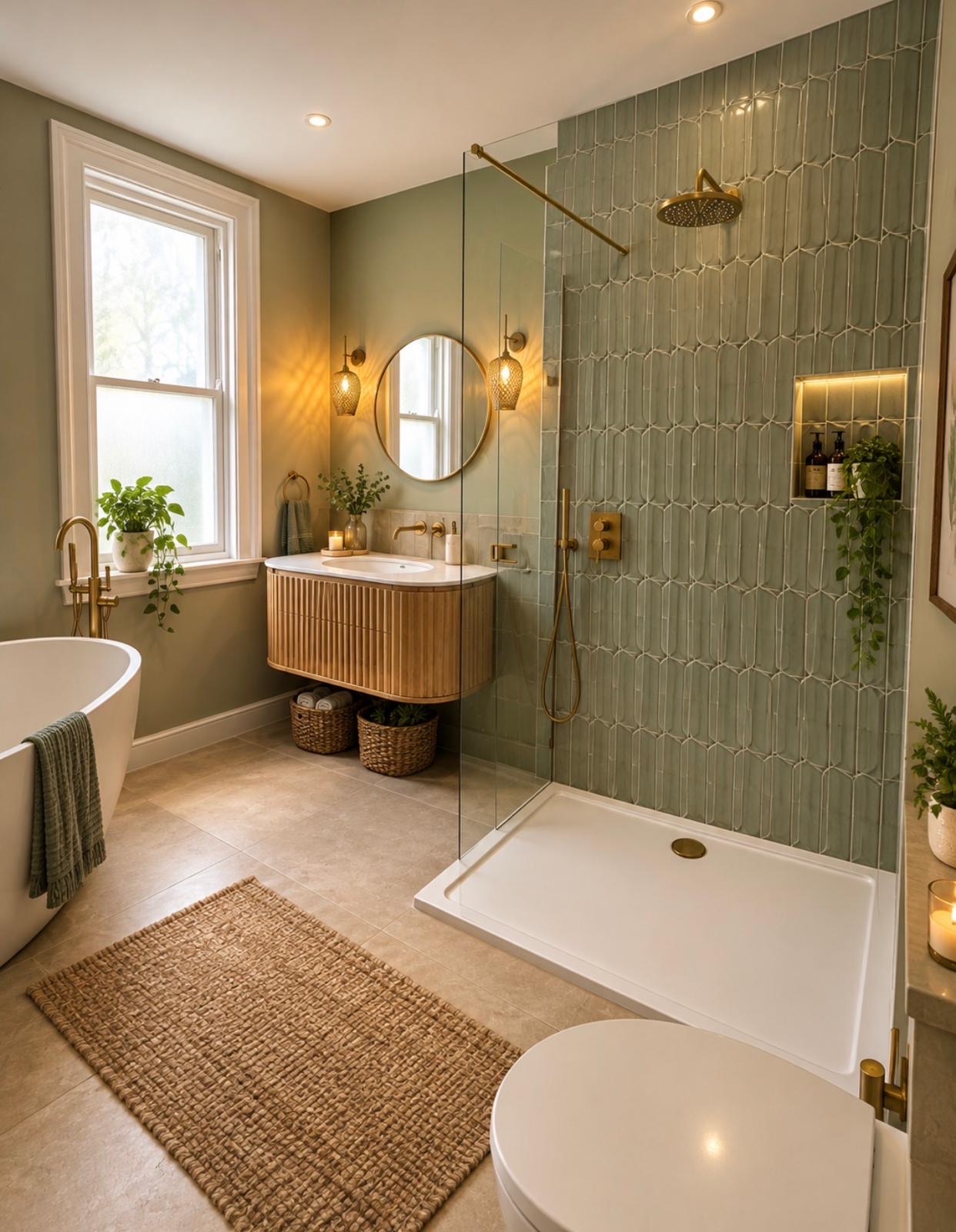 Sage green bathroom with fluted oak vanity, brushed brass fittings and walk-in shower